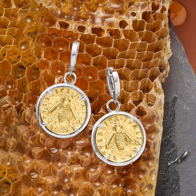 Ross-Simons Italian Replica Lira Bee Coin Drop Earrings in Sterling Silver and 18kt Gold Over Sterling - Image 4