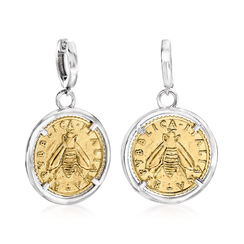 Ross-Simons Italian Replica Lira Bee Coin Drop Earrings in Sterling Silver and 18kt Gold Over Sterling - Image 3