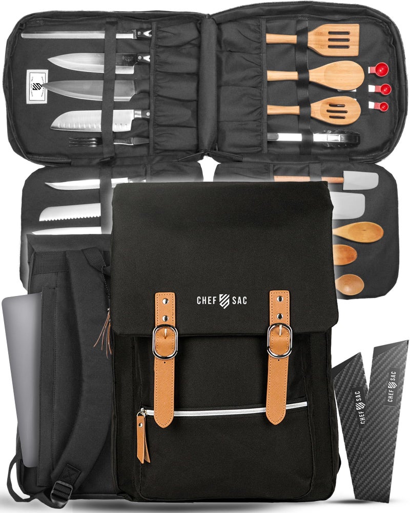 Chef Sac Chef Knife Bag Vintage Backpack VINTAGE Professional Knife Carrying Case for Chefs Culinary Students 30 Pockets Holds 10 Knives WaterResistant 600D Material Black - Image 2