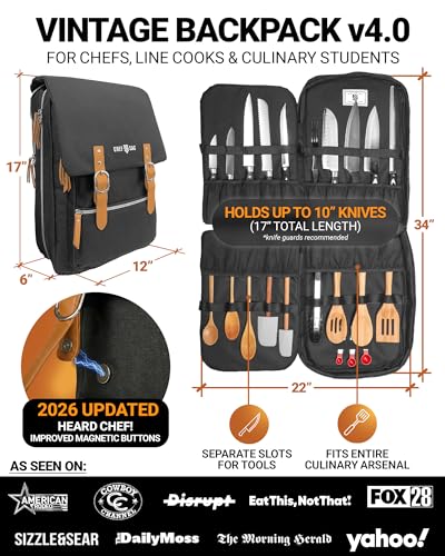 Chef Sac Chef Knife Bag Vintage Backpack VINTAGE Professional Knife Carrying Case for Chefs Culinary Students 30 Pockets Holds 10 Knives WaterResistant 600D Material Black - Image 3