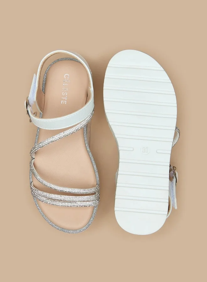 سيليست Girls' Embellished Flat Sandals with Hook and Loop Closure