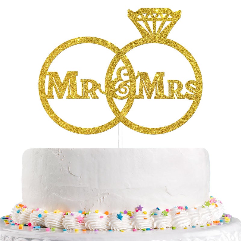 Gold Diamond Ring Mr and Mrs Cake Topper for Wedding Bride to Be Groom Bridal Shower Party Decoration Acrylic