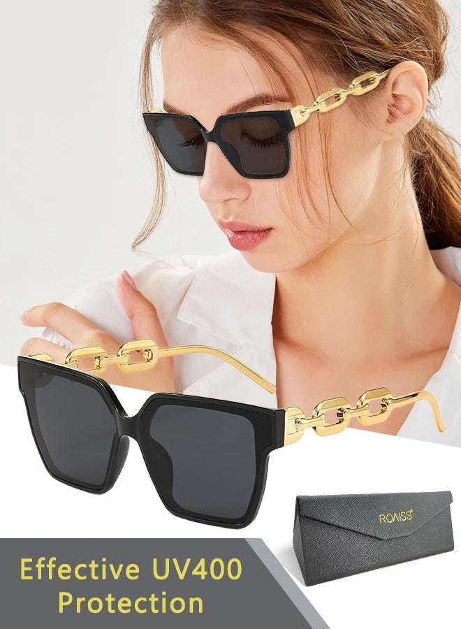 roaiss Women's Square Sunglasses, UV400 Protection Sun Glasses with Stylish Gold Chain Temples, Fashion Anti-glare Sun Shades for Women with Glasses Case, 54mm - Image 1