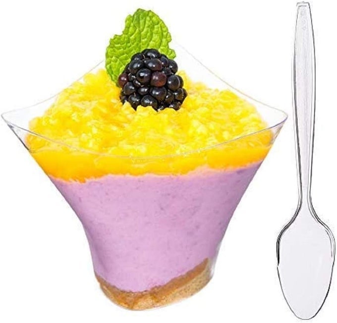 50 X 5 OZ MINI DESSERT CUPS WITH SPOONS LARGE SWIRL CLEAR PARFAIT APPETIZER CUP SMALL REUSABLE SERVING BOWL FOR TASTING PARTY DESSERTS APPETIZERS WITH RECIPE EBOOK