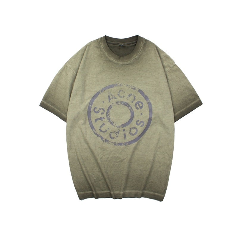 Niche Trendy Brand Ac Style American Style Old Washed Vintage Button Logo Letter Printing Loose Short-Sleeved T-Shirt For Men - Image 1