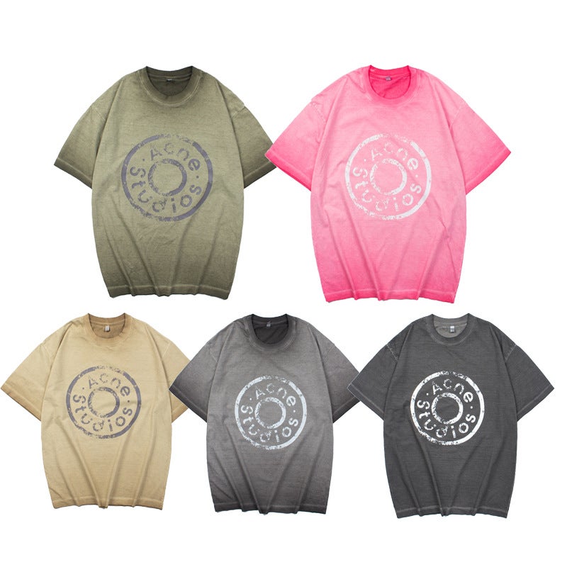 Niche Trendy Brand Ac Style American Style Old Washed Vintage Button Logo Letter Printing Loose Short-Sleeved T-Shirt For Men - Image 2