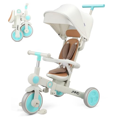 JMMD Baby Tricycle 7in1 Multifunctional Kids Trike with Adjustable Parent Handle Safety Harness  Wheel Brakes Removable Canopy Stroll Trike for Boys  Girls Ages 18 Months5 Years Mint - Image 1