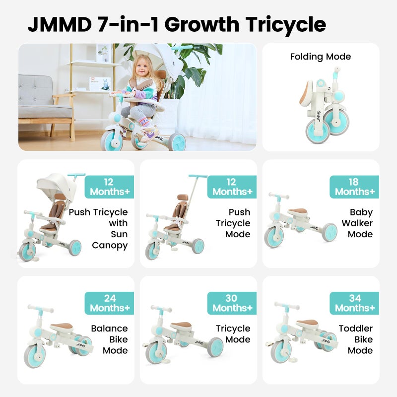 JMMD Baby Tricycle 7in1 Multifunctional Kids Trike with Adjustable Parent Handle Safety Harness  Wheel Brakes Removable Canopy Stroll Trike for Boys  Girls Ages 18 Months5 Years Mint - Image 3