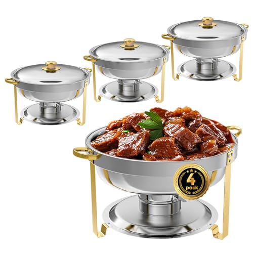 IMACONE Chafing Dish Buffet Set of 4, 5QT Round Stainless Steel Chafer for Catering, Upgraded Chafers and Buffet Warmer Sets w/Food & Water Pan, Lid, Gold Frame, Fuel Holder for Party Wedding Holiday - Image 1