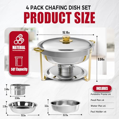 IMACONE Chafing Dish Buffet Set of 4, 5QT Round Stainless Steel Chafer for Catering, Upgraded Chafers and Buffet Warmer Sets w/Food & Water Pan, Lid, Gold Frame, Fuel Holder for Party Wedding Holiday - Image 2