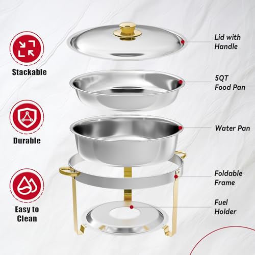 IMACONE Chafing Dish Buffet Set of 4, 5QT Round Stainless Steel Chafer for Catering, Upgraded Chafers and Buffet Warmer Sets w/Food & Water Pan, Lid, Gold Frame, Fuel Holder for Party Wedding Holiday - Image 4