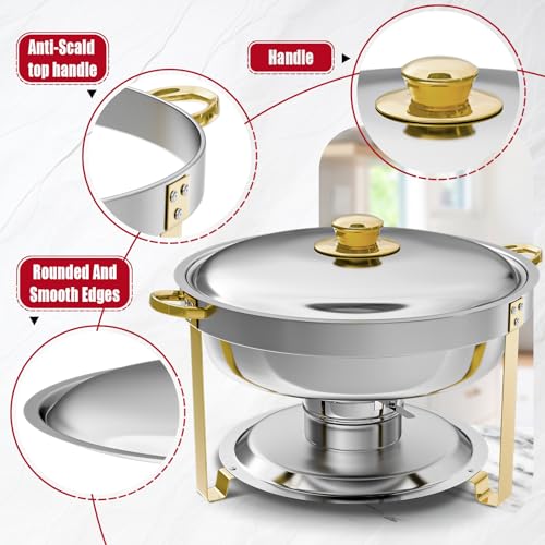 IMACONE Chafing Dish Buffet Set of 4, 5QT Round Stainless Steel Chafer for Catering, Upgraded Chafers and Buffet Warmer Sets w/Food & Water Pan, Lid, Gold Frame, Fuel Holder for Party Wedding Holiday - Image 3