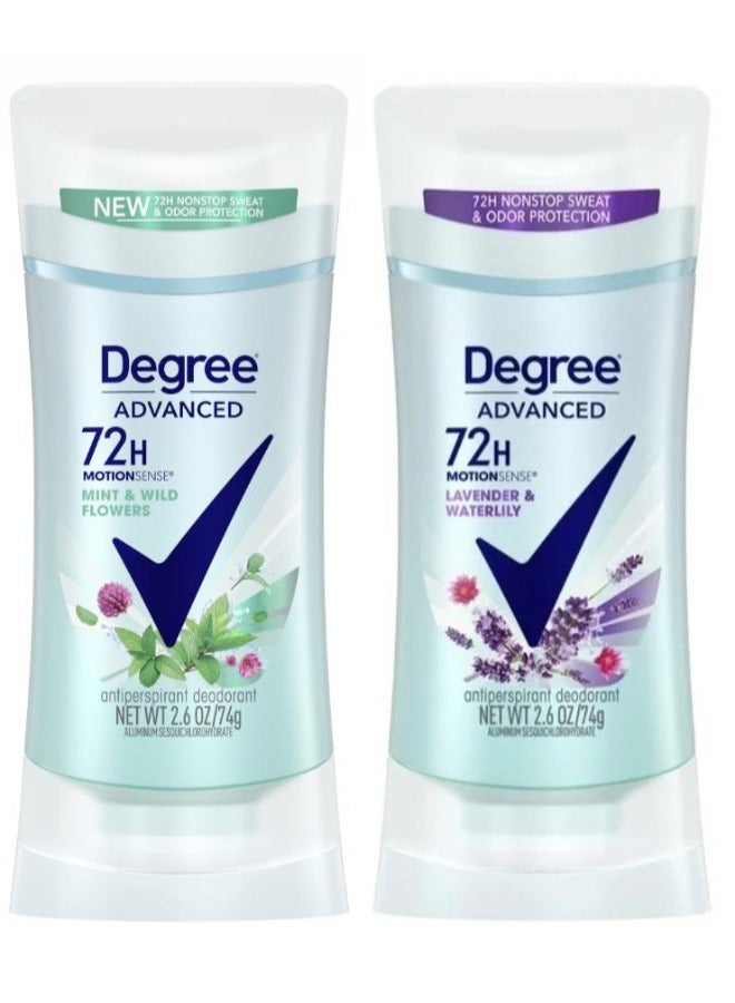 Degree Set of 2 Degree Advanced Antiperspirant Deodorant( Degree Advanced, 72H MotionSense Mint & Wild Flowers Antiperspirant Deodorant 74 Grams , And Degree Advanced Lavender & Waterlily 72-Hour Sweat & Odor Protection Antiperspirant for Women 74 Grams ) - Image 1