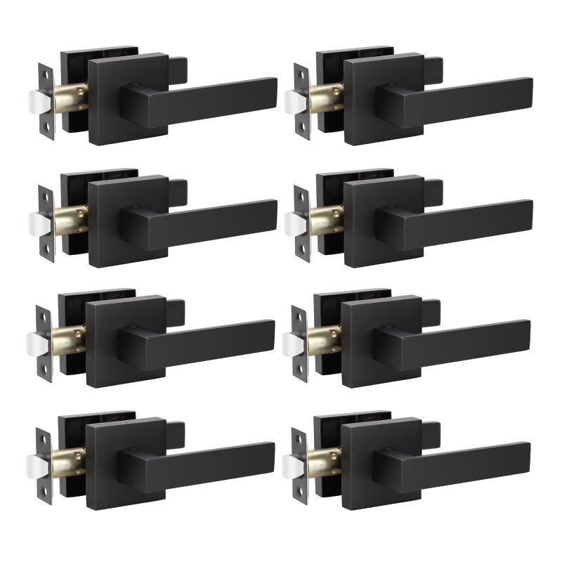 KNOBWELL 8 Pack Modern Square Passage Door Lever Interior Lever Door Handles for Both RightLeft Handing Matte Black Finish No LockKey