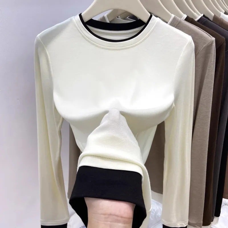 Clothes Womens Autumn and Winter New Explosions Double-sided Velvet Contrast Color Round Neck Fake Two-piece Long-sleeved Base Shirt for Inner Wearing Outer Wearing Brown - Image 2