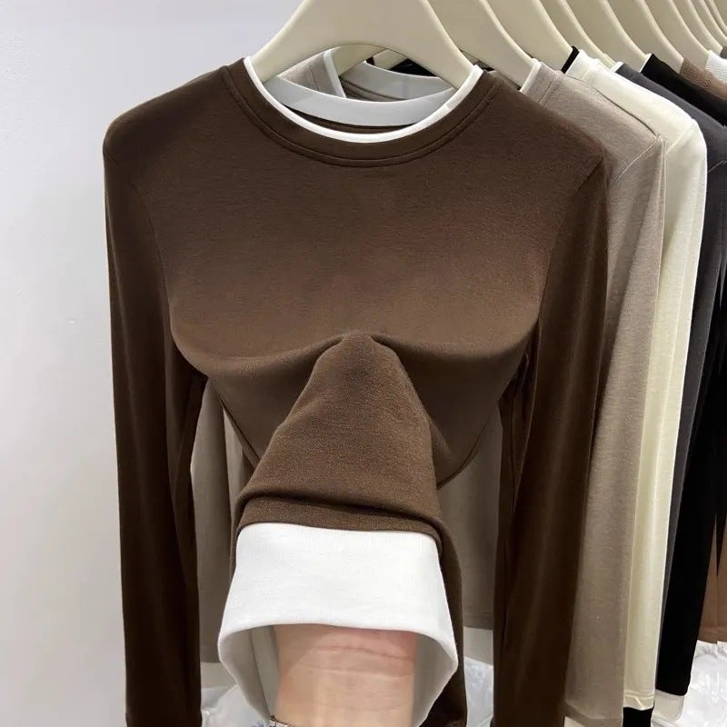 Clothes Womens Autumn and Winter New Explosions Double-sided Velvet Contrast Color Round Neck Fake Two-piece Long-sleeved Base Shirt for Inner Wearing Outer Wearing Brown - Image 1