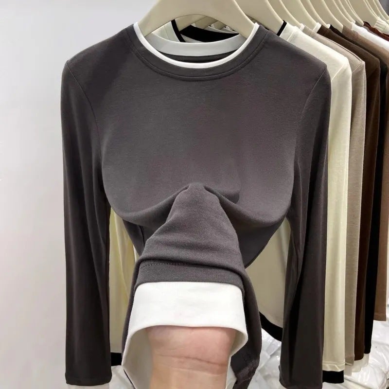 Clothes Womens Autumn and Winter New Explosions Double-sided Velvet Contrast Color Round Neck Fake Two-piece Long-sleeved Base Shirt for Inner Wearing Outer Wearing Brown - Image 4
