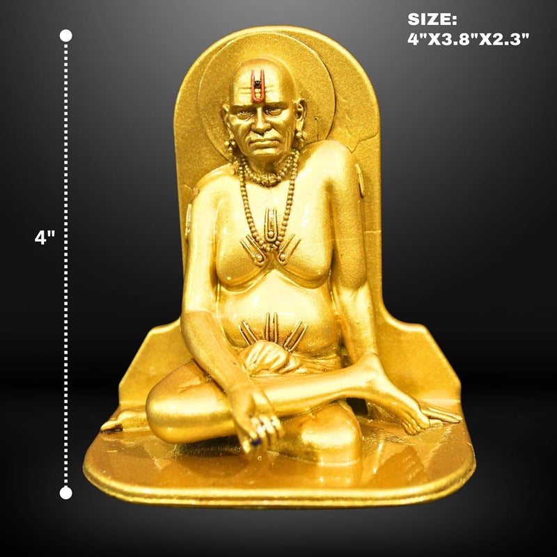 NEEANN Swami Samarth Statue 4 Inches Polystone Brass Silver Finish Murti Divine Car Dashboard Office and Spiritual Home Decor Brass - Image 2