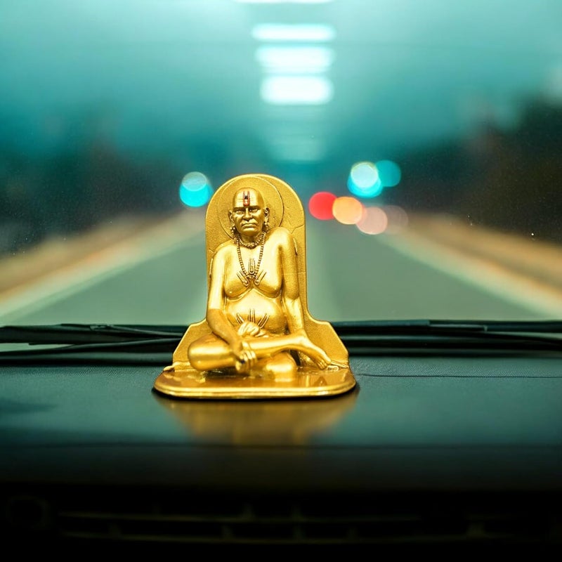 NEEANN Swami Samarth Statue 4 Inches Polystone Brass Silver Finish Murti Divine Car Dashboard Office and Spiritual Home Decor Brass - Image 5