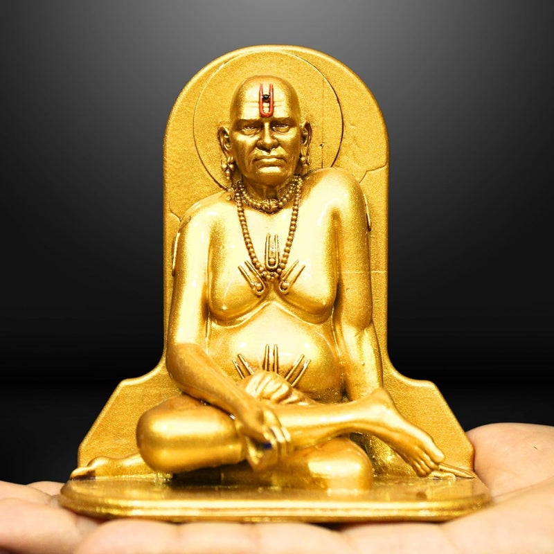 NEEANN Swami Samarth Statue 4 Inches Polystone Brass Silver Finish Murti Divine Car Dashboard Office and Spiritual Home Decor Brass - Image 1