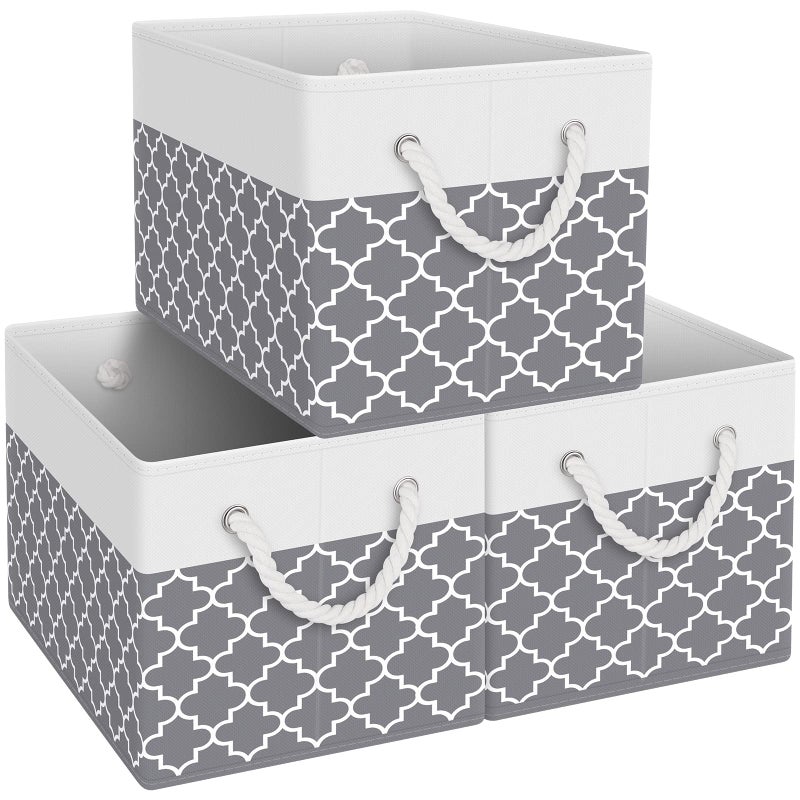 Fab totes Storage Bins 3Pack Foldable Storage Baskets for Organizing Toys Books Shelves Closet Large Storage Box with Rope Handles Sturdy Organizer BinsClover Grey