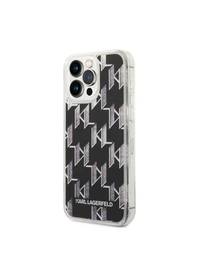 Karl Lagerfeld Liquid Glitter Case Ant Shock Damage Resistant Monogram Pattern Glitter Compatible With iPhone 14 Pro Max - Black