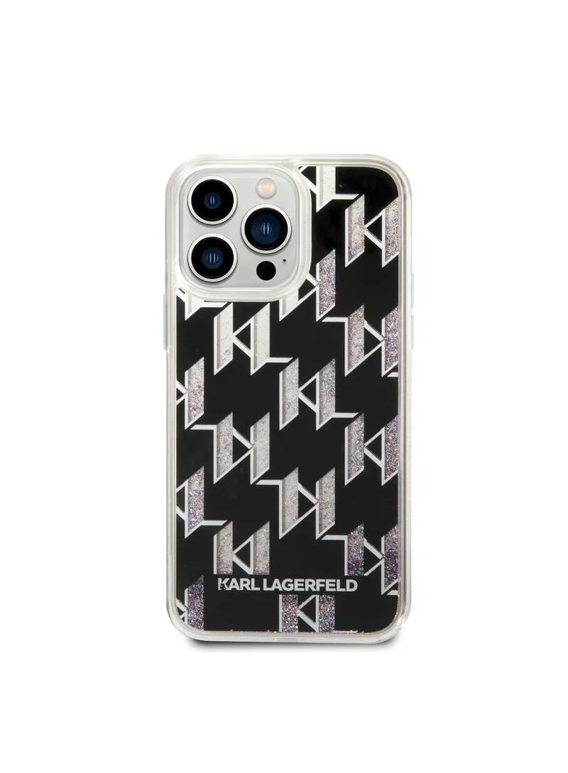 Karl Lagerfeld Liquid Glitter Case Ant Shock Damage Resistant Monogram Pattern Glitter Compatible With iPhone 14 Pro Max - Black