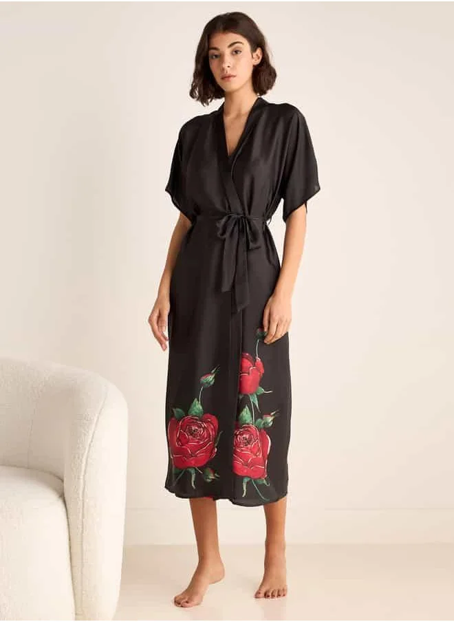 FAV Adjustable Strap Night Dress and Printed Robe Set