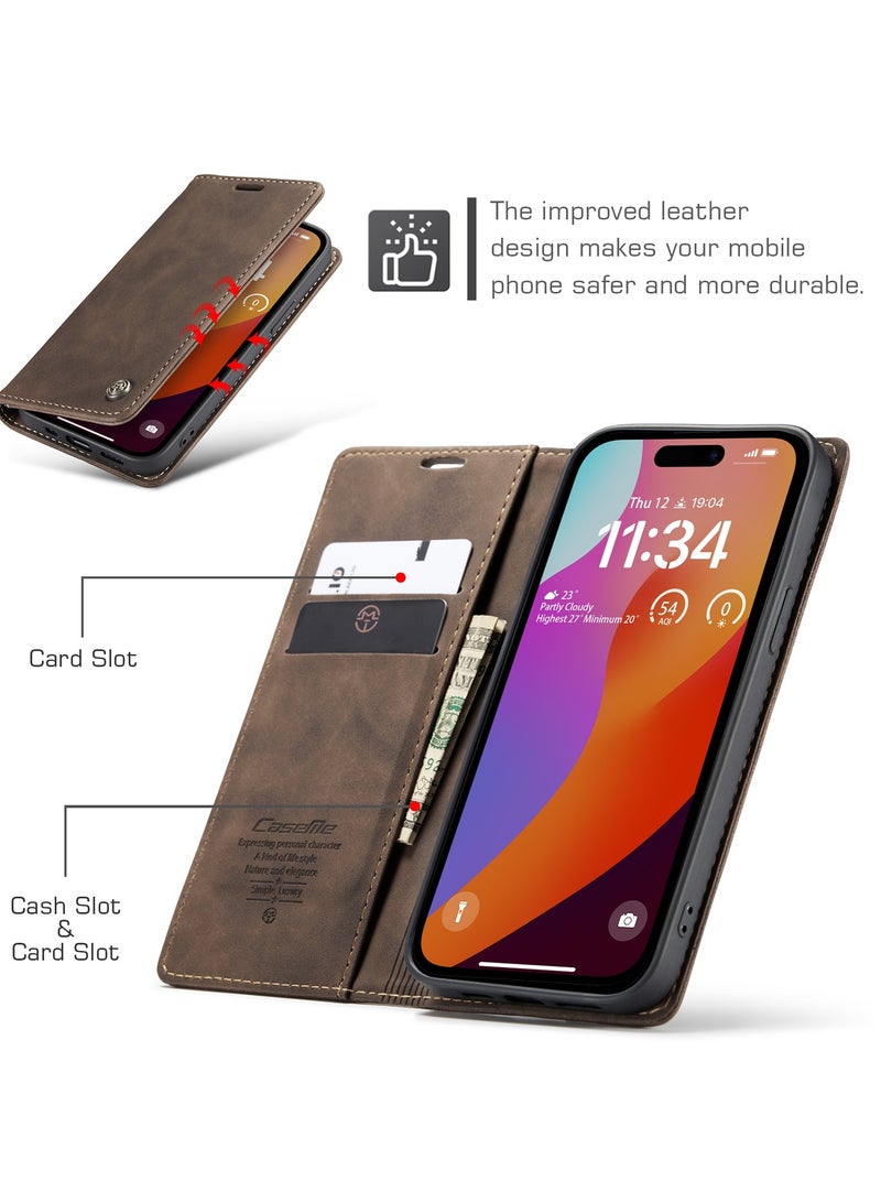 CaseMe For iPhone 15 Pro Max Case Card Holder Stand Leather Phone Cover - Brown - Image 5