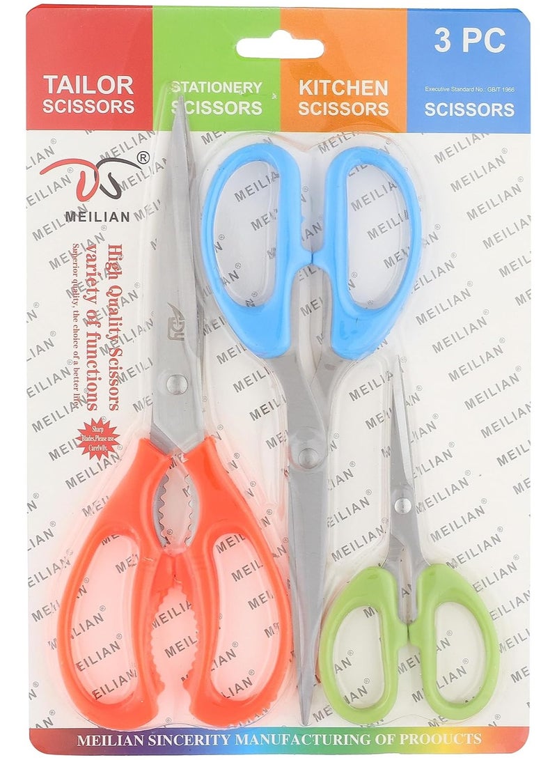 Stainless Steel Scissors with Plastic Handle Set 3 Pieces - Multi Color - Image 4