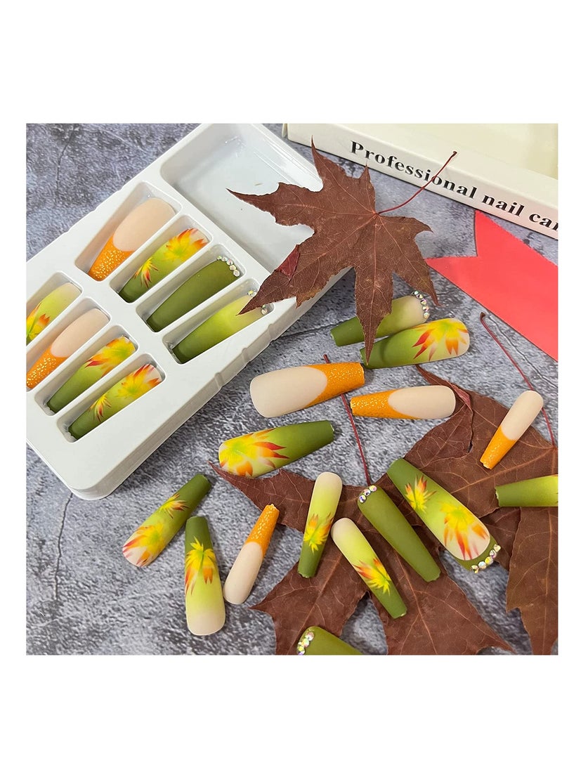 SYOSI - Fall Press on Nails Long Coffin Fake Nails Full Cover Stick on Nails Autumn Thanksgiving Maple Leaves False Nails with Designs Yellow with Rhinestones Press on Nails Acrylic Nails for Women Girls - Image 1