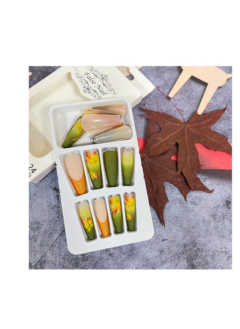 SYOSI - Fall Press on Nails Long Coffin Fake Nails Full Cover Stick on Nails Autumn Thanksgiving Maple Leaves False Nails with Designs Yellow with Rhinestones Press on Nails Acrylic Nails for Women Girls - Image 1