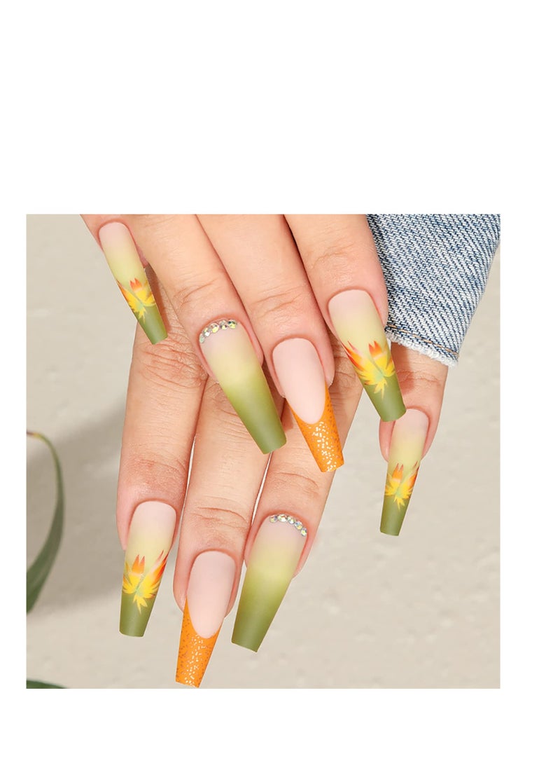 SYOSI - Fall Press on Nails Long Coffin Fake Nails Full Cover Stick on Nails Autumn Thanksgiving Maple Leaves False Nails with Designs Yellow with Rhinestones Press on Nails Acrylic Nails for Women Girls - Image 1