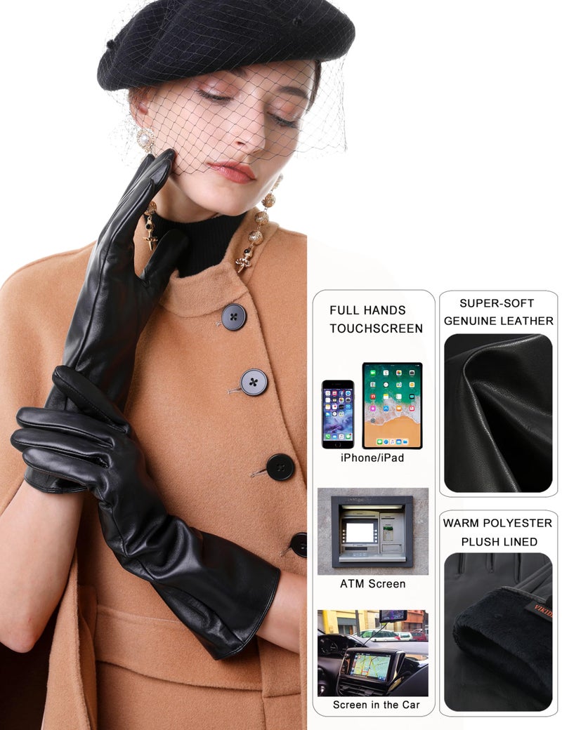 VIKIDEER Long Genuine Leather Gloves for Women Full Touchscreen Winter Warm Lined Elegant Type Black X-Large-13.5" - Image 4