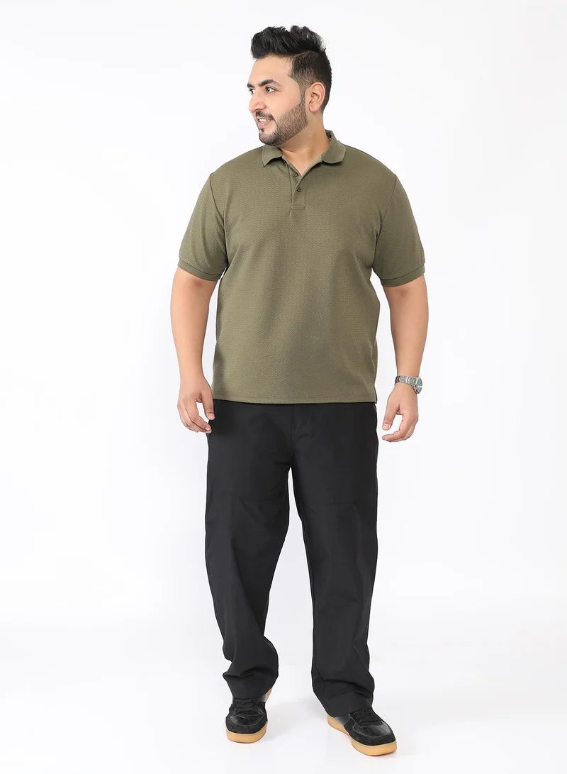 Instafab Plus Men Distort Jacquard-Knit Polo T-Shirt | Polo Neck , Rib-Cuff Sleeve | Half-Button Closure , Straight Hem | Abstract Regular-Fit | Knitted Fabric For Casual & Daily Wear | Olive Green