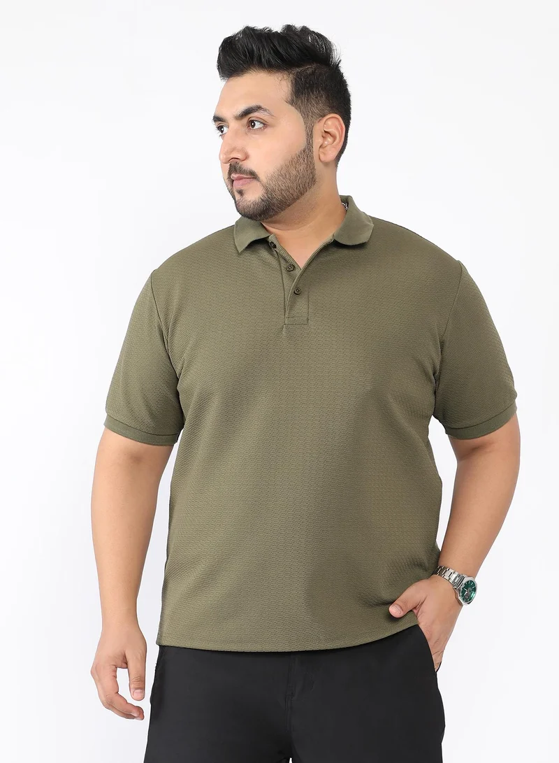 Instafab Plus Men Distort Jacquard-Knit Polo T-Shirt | Polo Neck , Rib-Cuff Sleeve | Half-Button Closure , Straight Hem | Abstract Regular-Fit | Knitted Fabric For Casual & Daily Wear | Olive Green