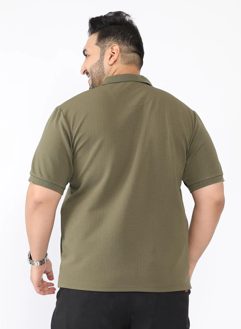 Instafab Plus Men Distort Jacquard-Knit Polo T-Shirt | Polo Neck , Rib-Cuff Sleeve | Half-Button Closure , Straight Hem | Abstract Regular-Fit | Knitted Fabric For Casual & Daily Wear | Olive Green