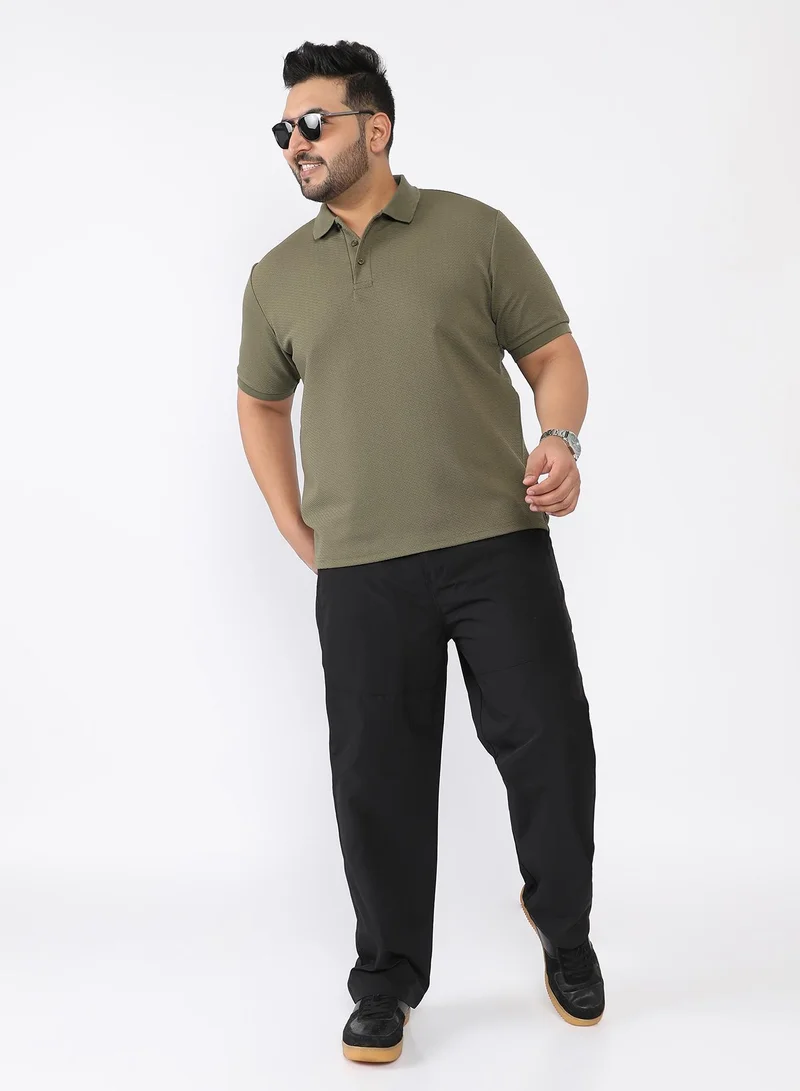 Instafab Plus Men Distort Jacquard-Knit Polo T-Shirt | Polo Neck , Rib-Cuff Sleeve | Half-Button Closure , Straight Hem | Abstract Regular-Fit | Knitted Fabric For Casual & Daily Wear | Olive Green