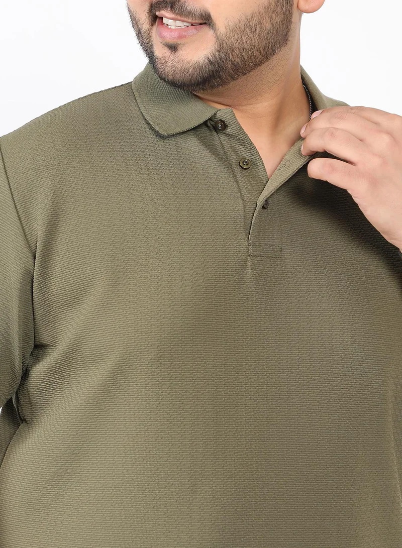 Instafab Plus Men Distort Jacquard-Knit Polo T-Shirt | Polo Neck , Rib-Cuff Sleeve | Half-Button Closure , Straight Hem | Abstract Regular-Fit | Knitted Fabric For Casual & Daily Wear | Olive Green