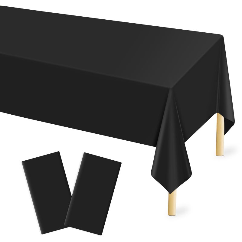 Mulbozy 2 Pcs Black Plastic Tablecloth for Rectangle Table, 54 Ã— 108 inches Disposable Black Party Table Covers for Birthday, Wedding, Baby Shower, Holdiay Party Decoration - Image 1