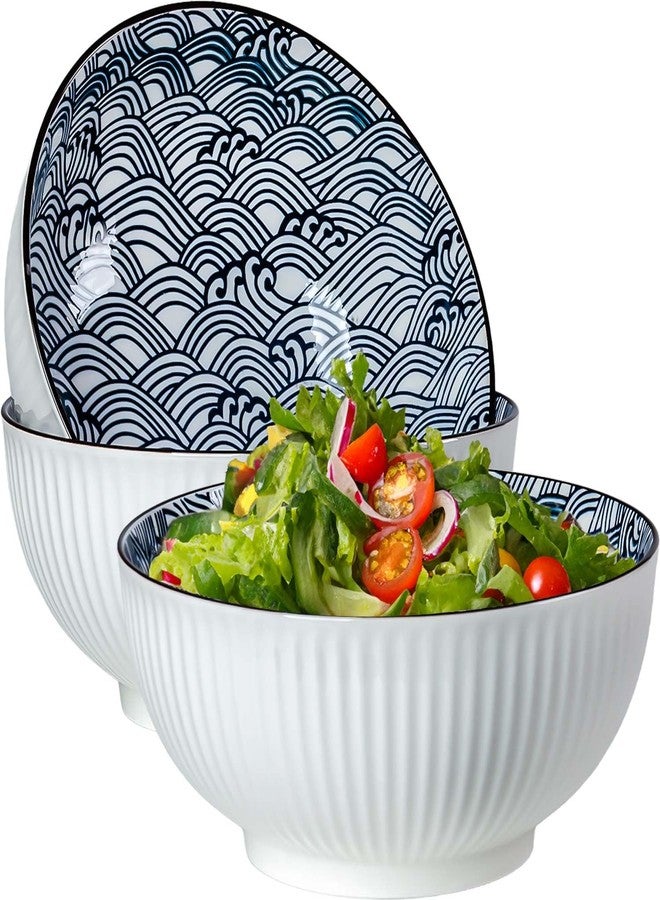 QINLANG 60 oz Large Soup Bowl, Pho Bowls, Japanese Ramen Bowls Set of 3, 8 in Blue and White Porcelain Big Bowls for Eating - Wave Pattern - Image 1