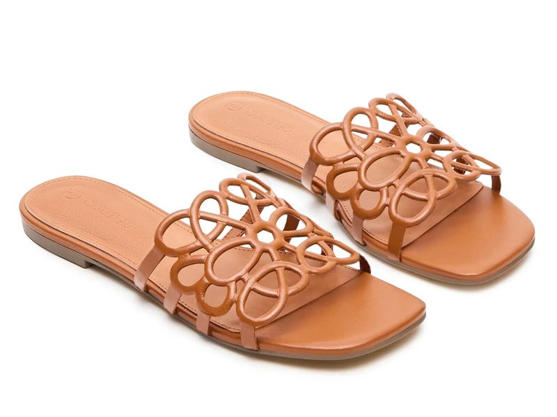 Coutgo Womens Flat Sandals Comfortable Square Open Toe Slides Slip On Summer Dressy Beach Shoes, Brown, size 8 - Image 1