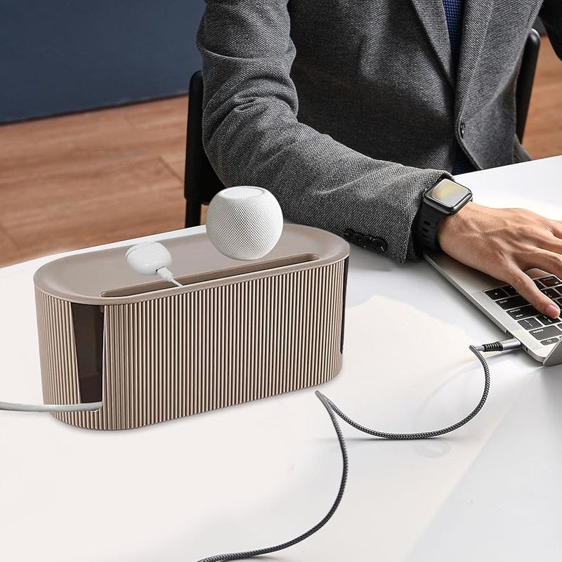 صندوق تخزين الكابل البني، صندوق منظم للأسلاك والشواحن بسعة كبيرة لمكتب المنزل - Image 4