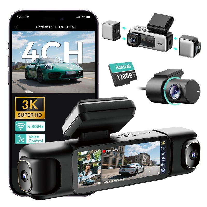 بوتسلاب BOTSLAB 4 Channel 360° Dash Cam, Voice Control, Touch Screen, 128GB Card - Image 1