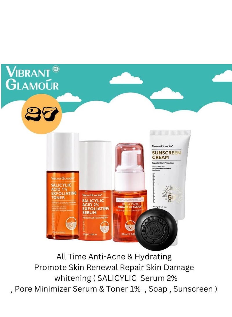 Vibrant Glamour - Vibrant glamour All Time Anti-Acne & Hydrating Promote Skin Renewal Repair Skin Damage whitening ( SALICYLIC Serum 2% , Pore Minimizer Serum & Toner 1%, Soap, Sunscreen) - Image 1