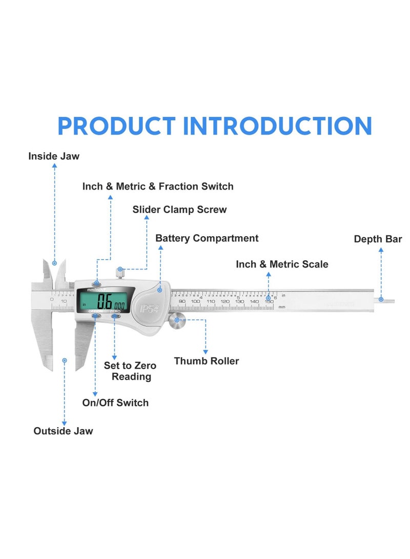 Excefore Digital Caliper Calipers 6 Inch Measuring Tool with Stainless Steel IP54 Splash Proof Protection Design Easy Switch from Inch to Millimeter Large Screen  - Image 4