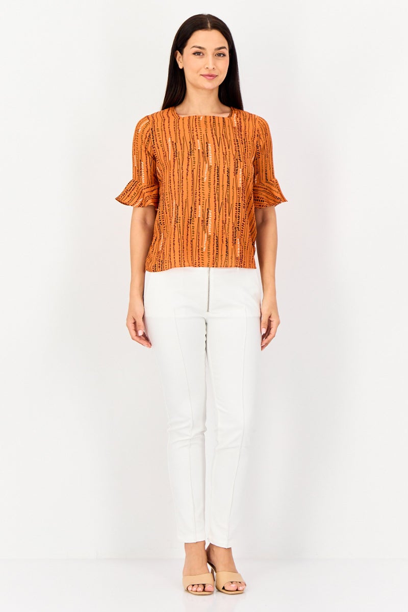 VERO MODA بلوزة نسائية بأكمام جرس من فيرو مودا بتصميم مربع العنق وطباعة شاملة، متعددة الألوان - Image 4