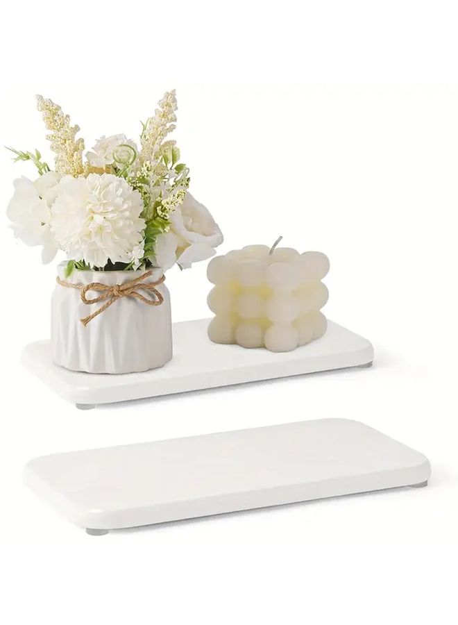 2pcs Natural Diatomite Stone Bath And Sink Mat White Two Piece Set 7.87 3.94 Inch Quick Dry Absorbent Diatomite Mud Tray Dish Soap Dispenser Holder Non Slip Bathroom Counter Diatomite Powder Effect - Image 1