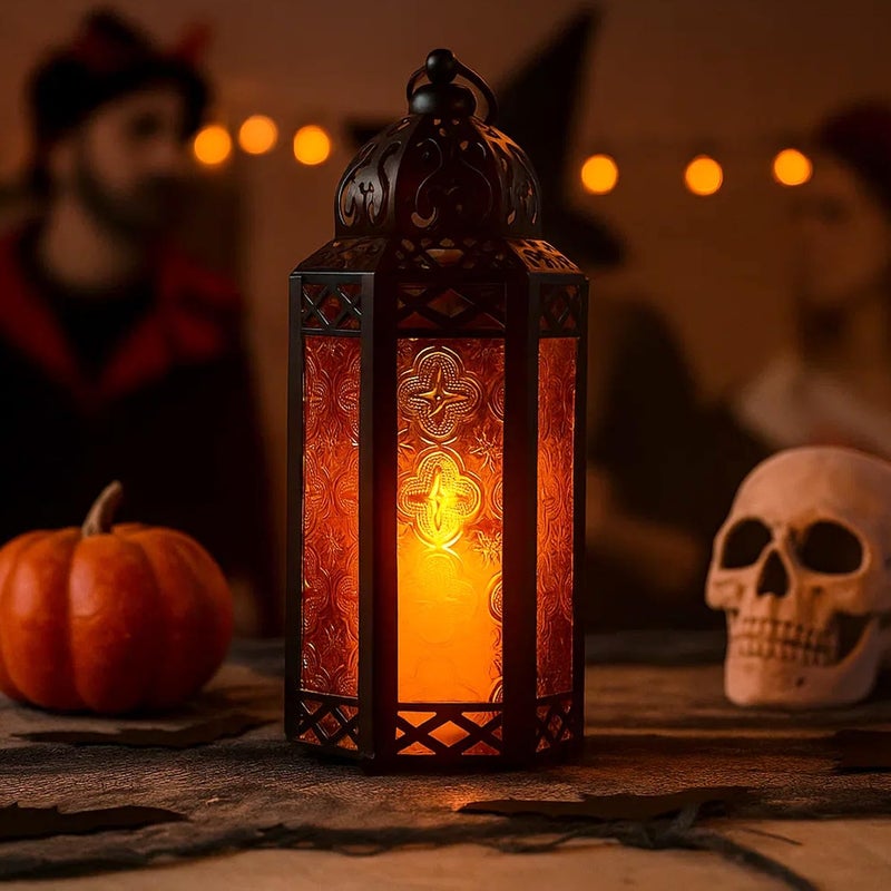 VELA LANTERNS 10.5" Halloween Candle Lantern Decorative Holder Lamp for Table or Hanging, Ramadan and Moroccan Decorations, Outdoor Patio or Porch, Weddings, Black Metal, Amber/Orange Glass, Medium - Image 1