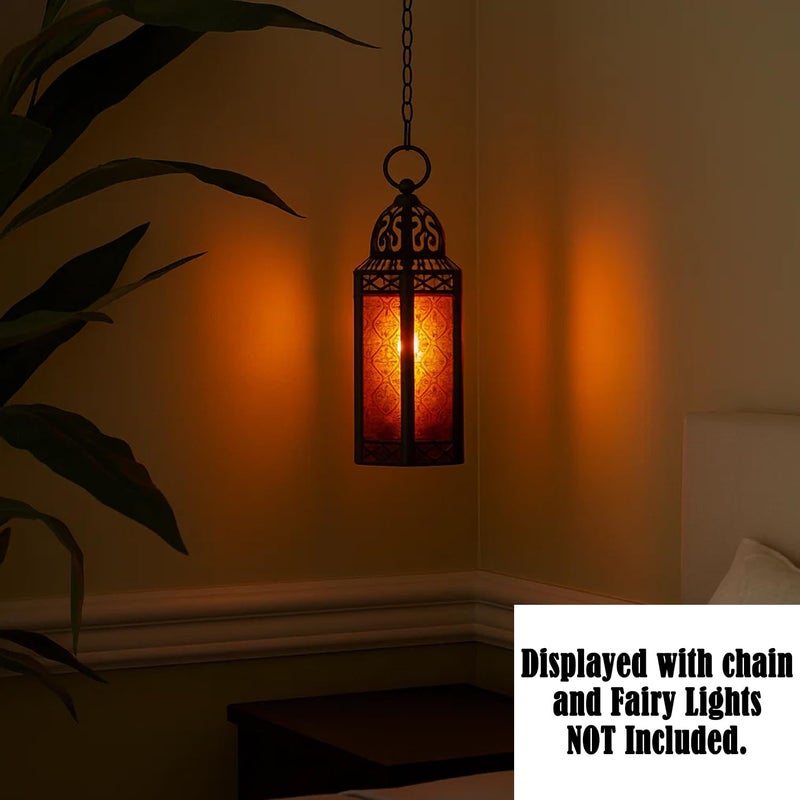 VELA LANTERNS 10.5" Halloween Candle Lantern Decorative Holder Lamp for Table or Hanging, Ramadan and Moroccan Decorations, Outdoor Patio or Porch, Weddings, Black Metal, Amber/Orange Glass, Medium - Image 4